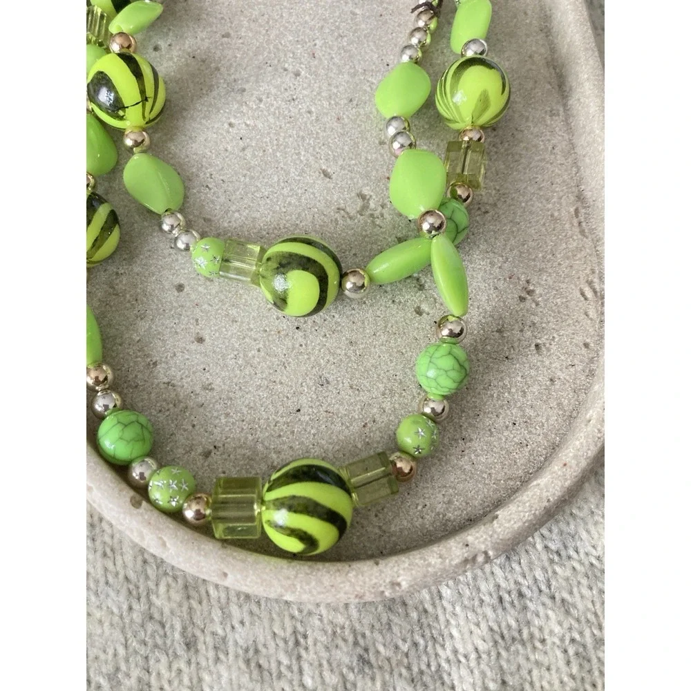 Lime Green Beaded Necklace Black Swirl Statement Bright & Bold Wrap Multi Strand